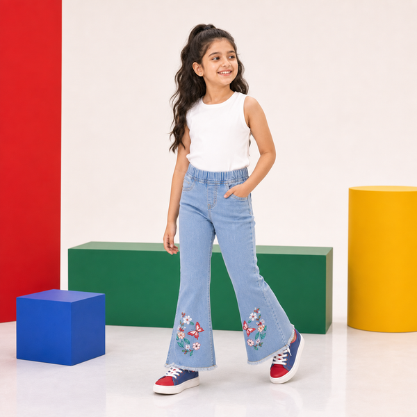 Girls Bell Bottom Embroidery Jeans