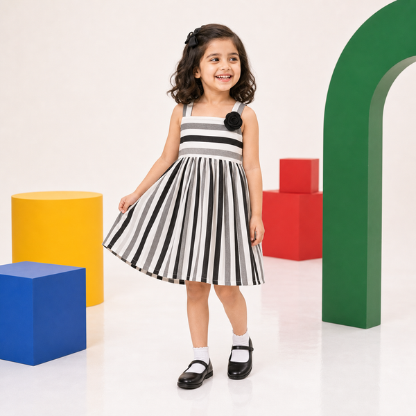 Girls Black Printed Striped Frock