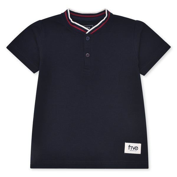 Boys Navy Blue Henley T-Shirt with Multi Rib