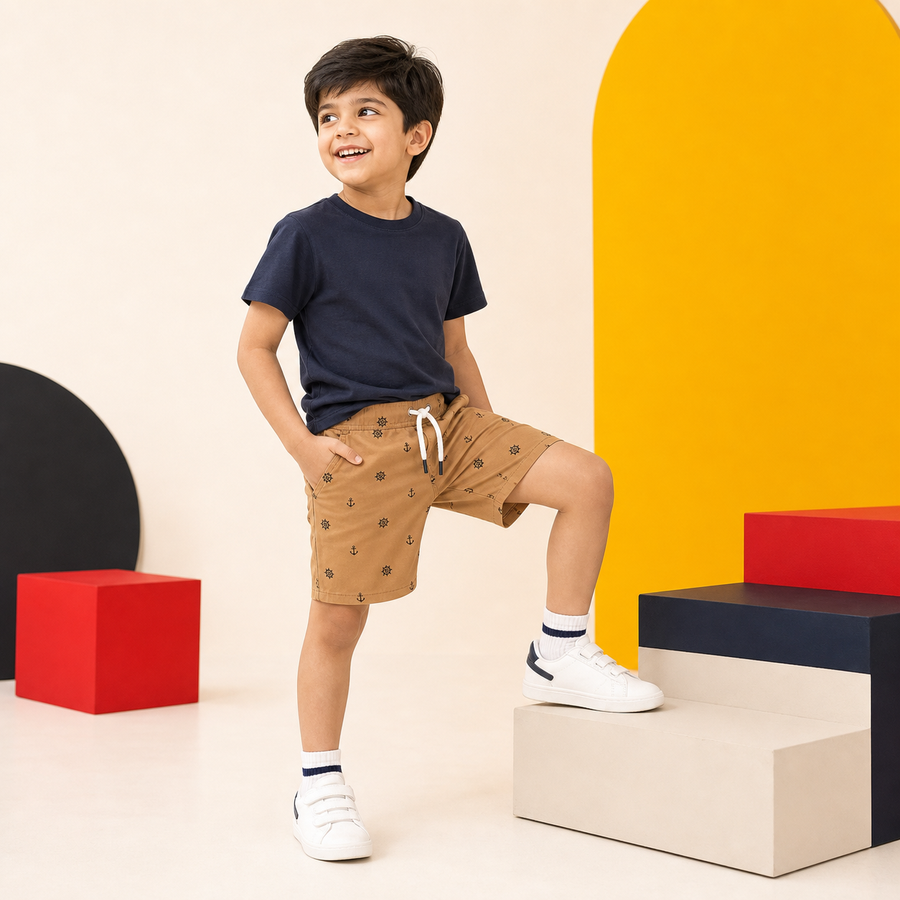 Boys Khaki Printed Pullup Shorts modeled active campaign photo