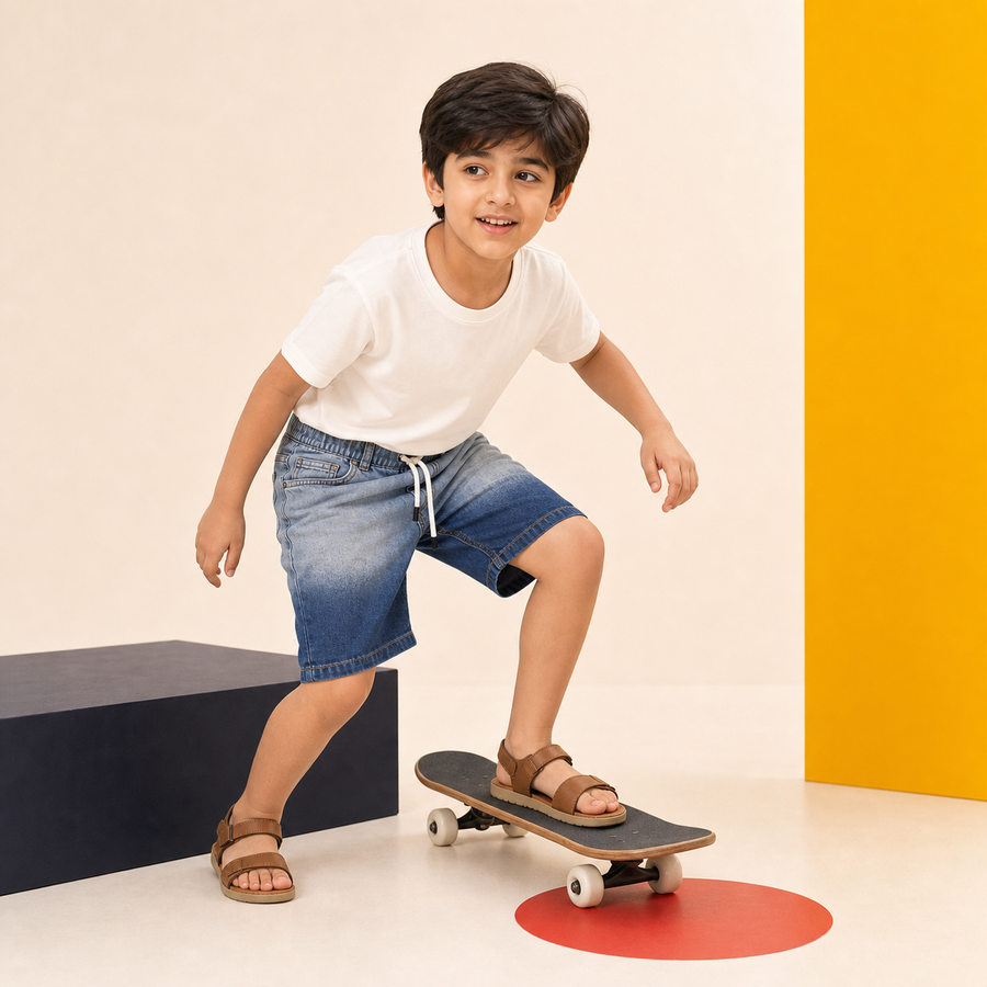 Light and Dark Wash Denim Shorts modeled fit and movement campaign photo