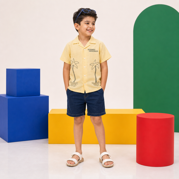 Boys Yellow Cuban Collar Embroidery Shirt