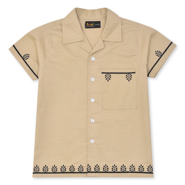 Beige Embroidery Cuban Collar Shirt