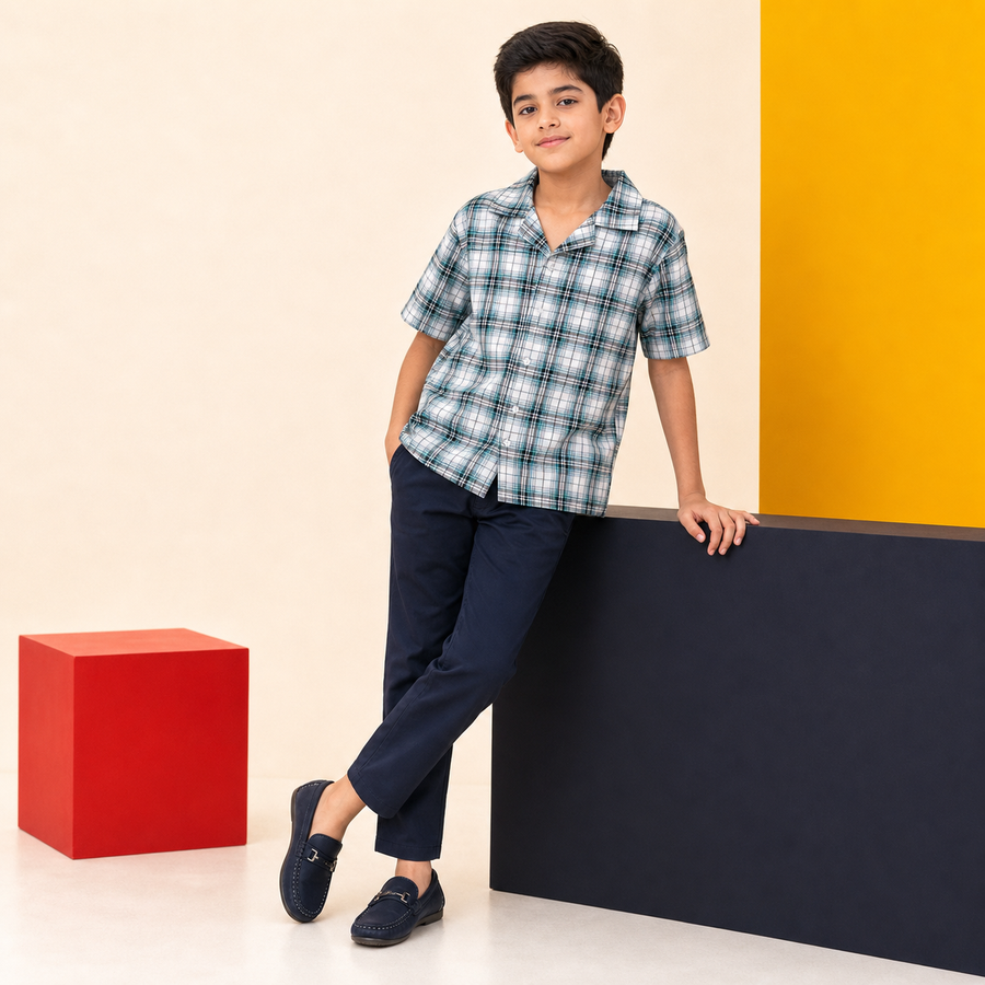 Oversized Cuban Collar Checkered Shirt modeled older kid campaign photo