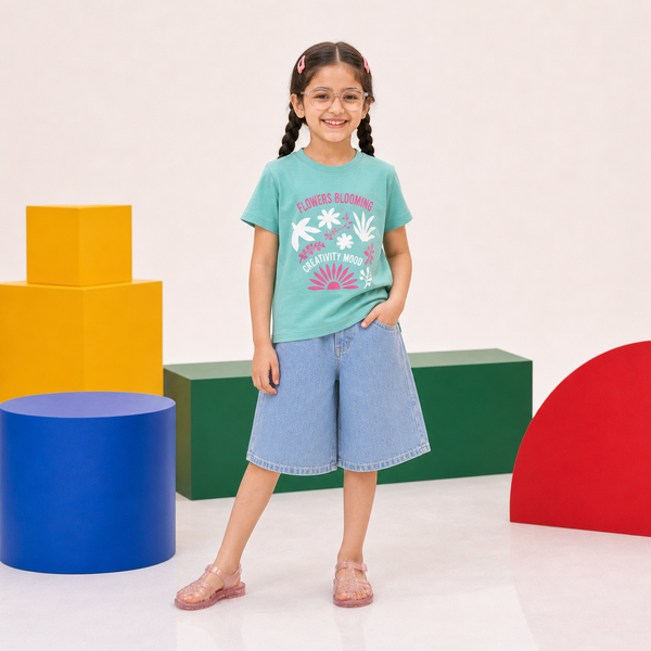 Girls Sea Green Blooming Flowers T-Shirt