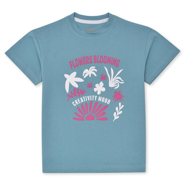 Girls Sea Green Blooming Flowers T-Shirt