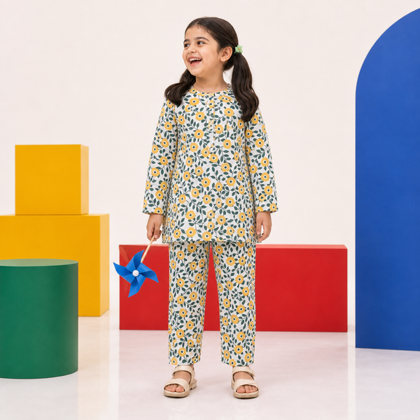 Girls Yellow-Green Woven Co-ord Set