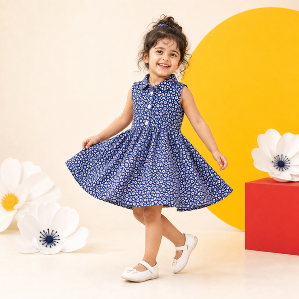 Girls Blue Printed Frock