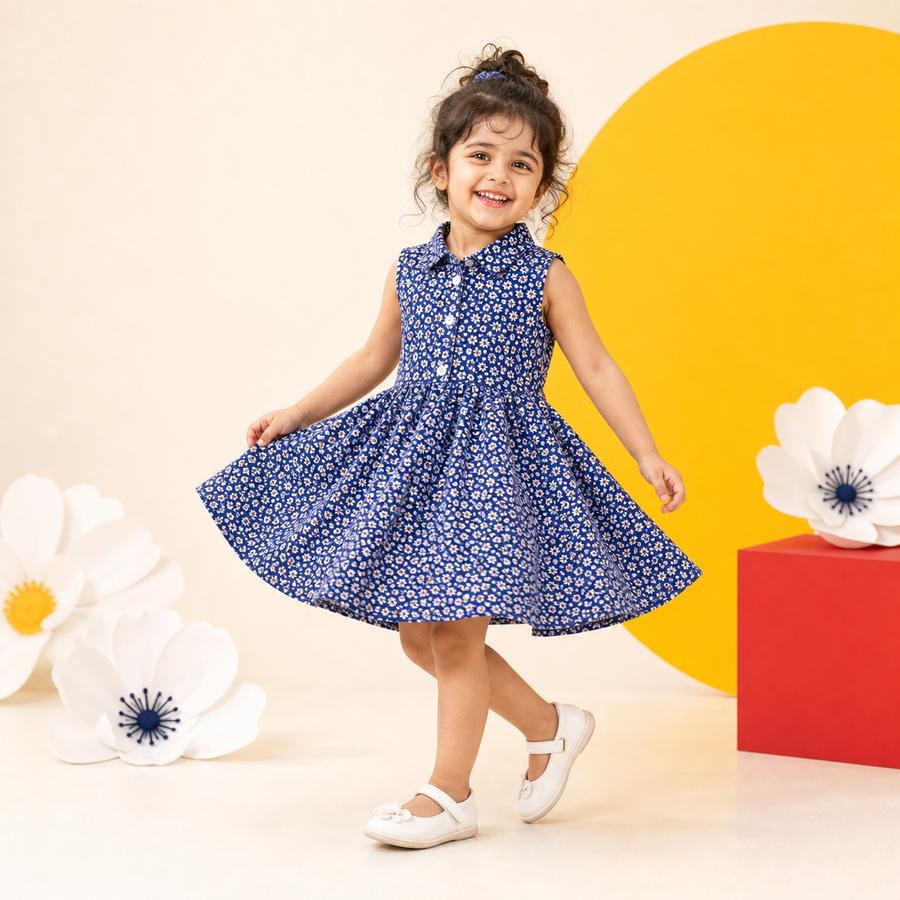 Girls Blue Printed Frock modeled twirl campaign photo